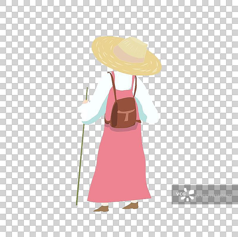 戴草帽拄着登山杖的女性背影人物元素图片素材