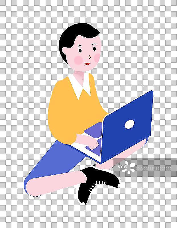 男人盘腿拿着电脑工作图片素材
