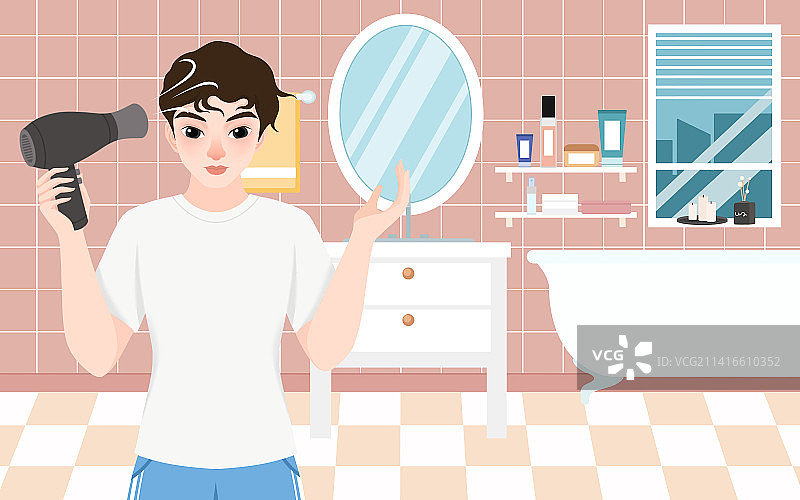 卡通在浴室里吹头发的人插画图片素材