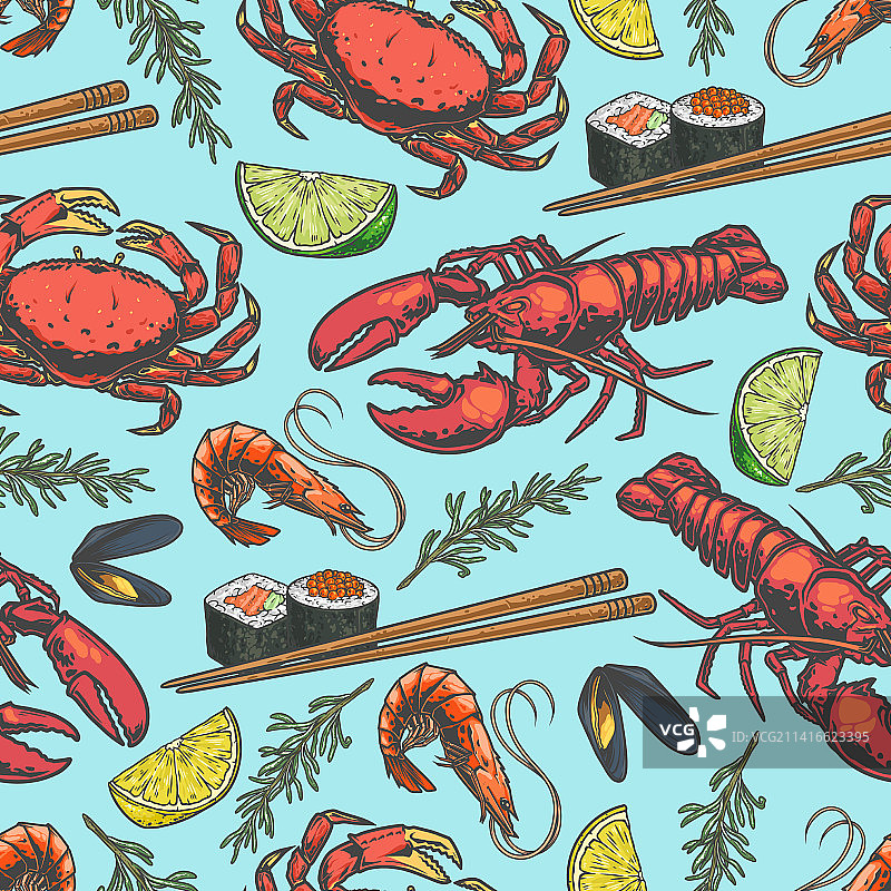 色彩鲜艳的海鲜晚餐无缝图案图片素材