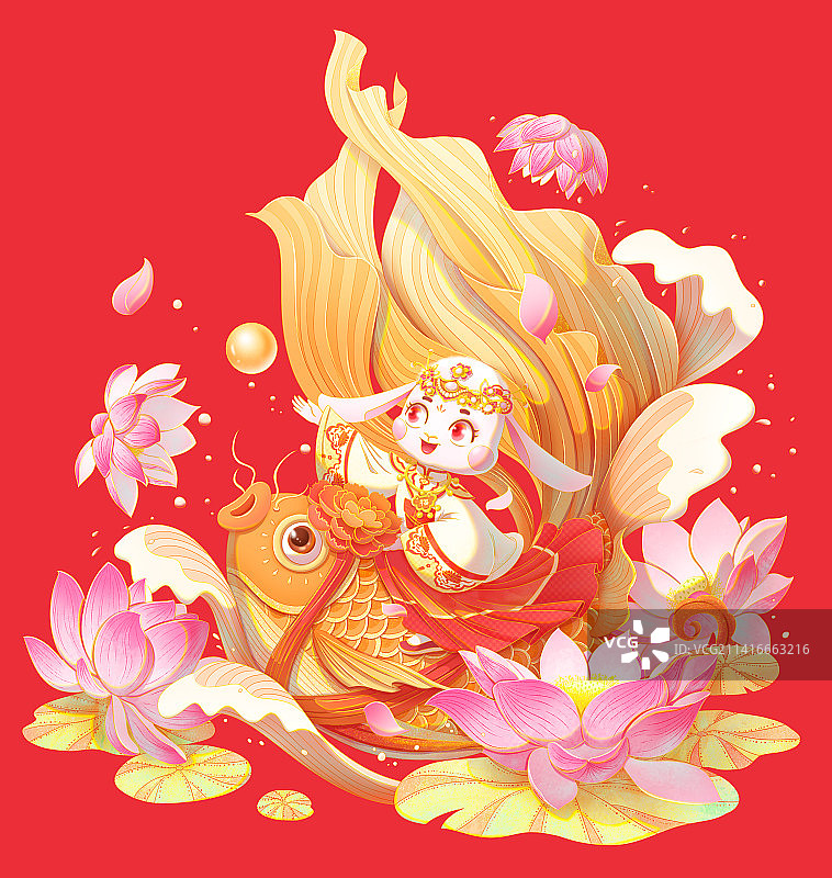 穿着汉服的兔子骑着锦鲤在荷花池中图片素材