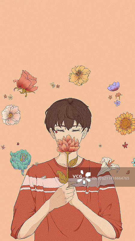 红衣男孩手举着花四周有各种颜色的花围绕图片素材