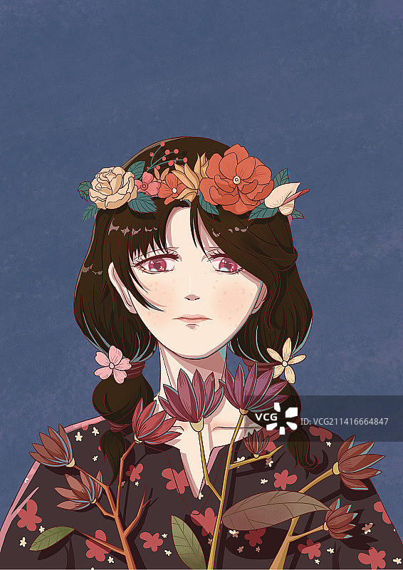 穿着黑衣服头戴花圈的女孩蓝色背景壁纸插画图片素材