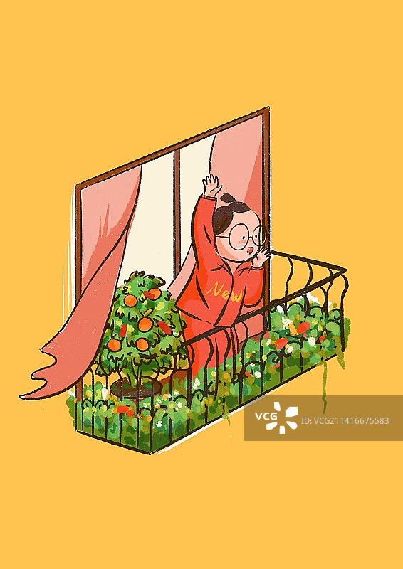 一个戴眼镜的人站在阳台上打招呼图片素材