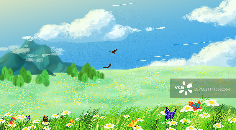 草原花海扁平插画背景图片素材