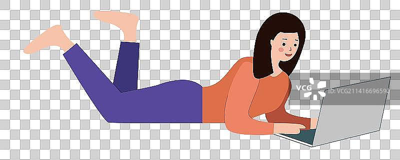 趴地上上用笔记本工作的女人图片素材