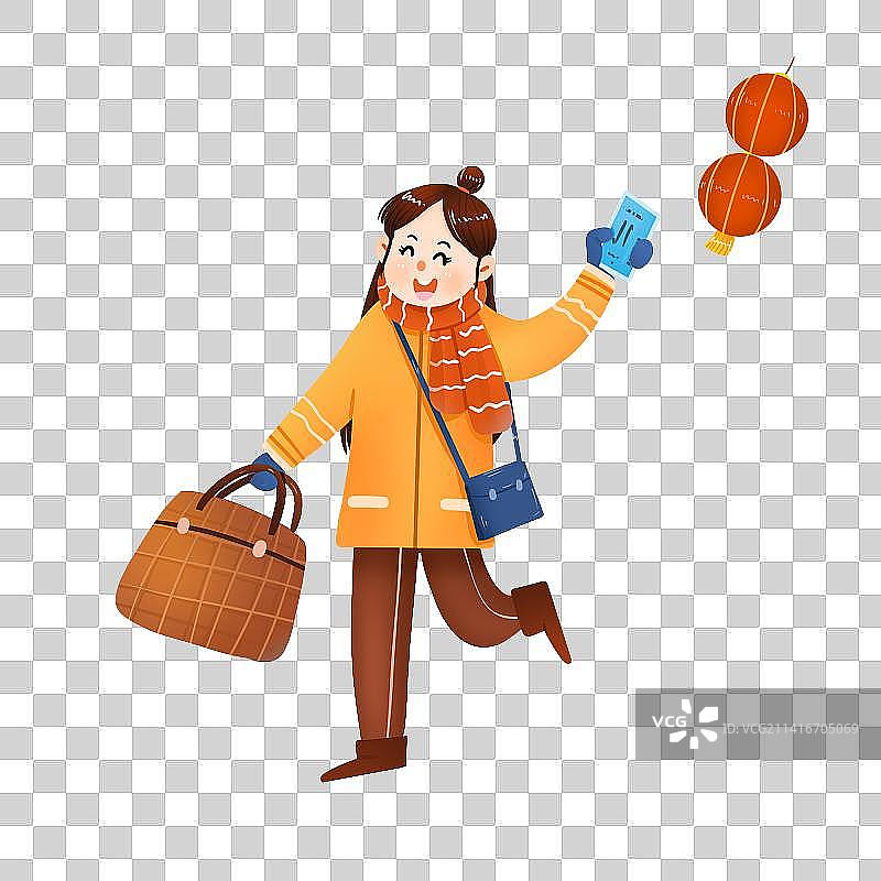 手绘卡通女孩回家过年免抠元素图片素材