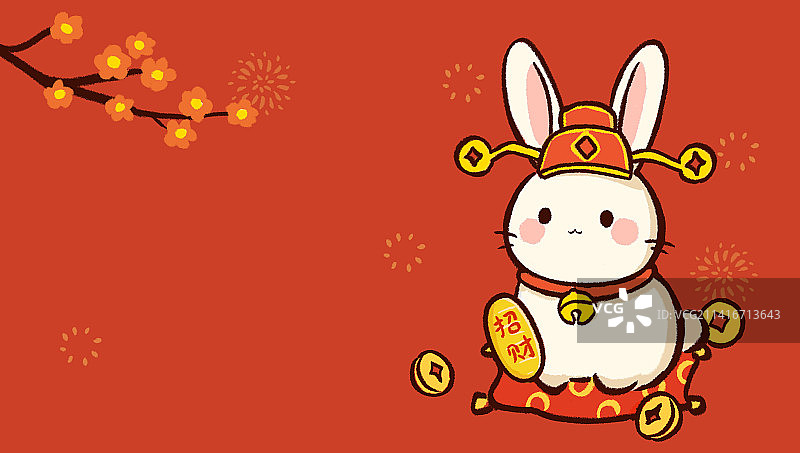 手绘招财兔子喜庆红色背景图片素材