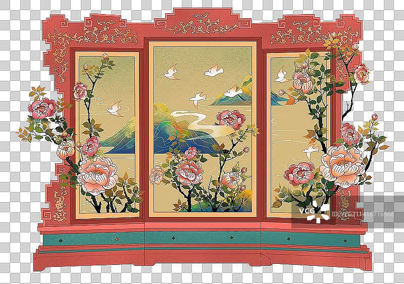 创意牡丹古典屏风图片素材