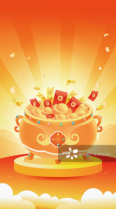 摆放在聚宝盆里面的金元宝和新年红包图片素材