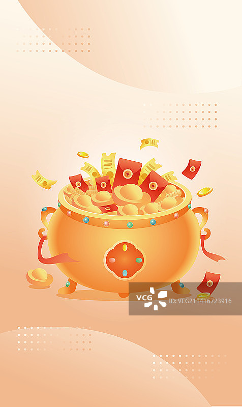 摆放在聚宝盆里面的金元宝和新年红包图片素材
