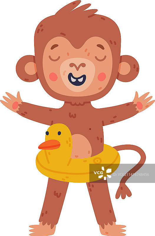 有趣的可爱小猴子与充气鸭图片素材