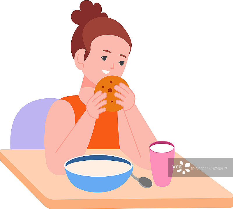 早餐时快乐的女孩吃东西儿童图标图片素材
