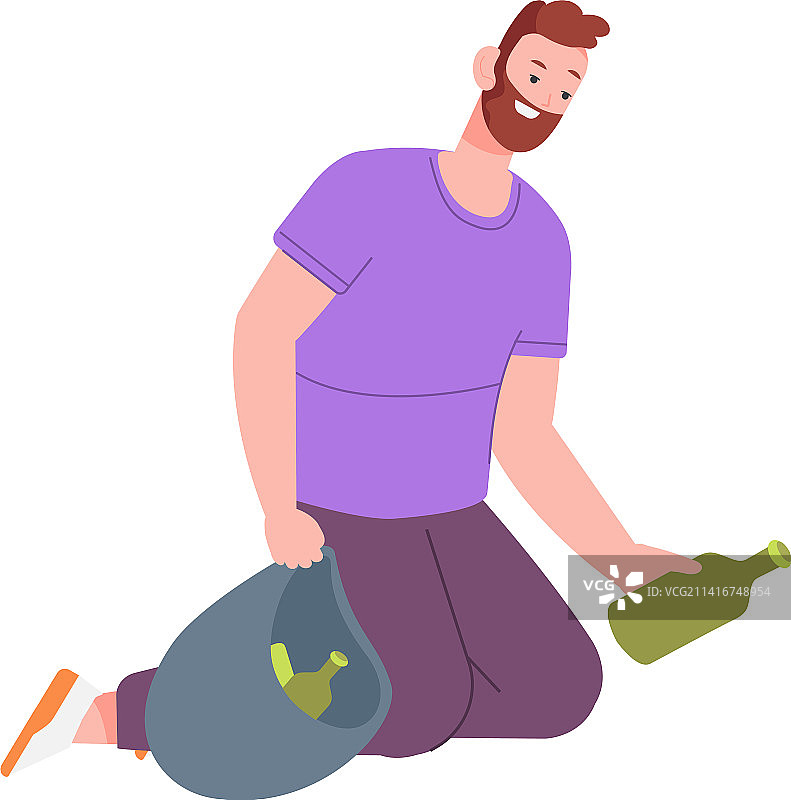 男人将玻璃废品装入垃圾袋图片素材