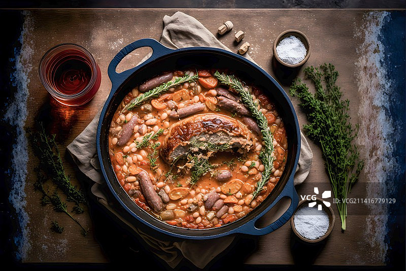 经典砂锅菜：豆类、肉和香脆面包屑图片素材