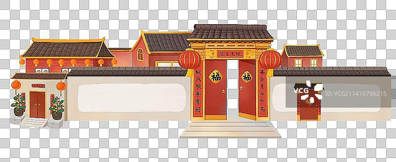 春节年俗插画回娘家元素街道房屋图片素材