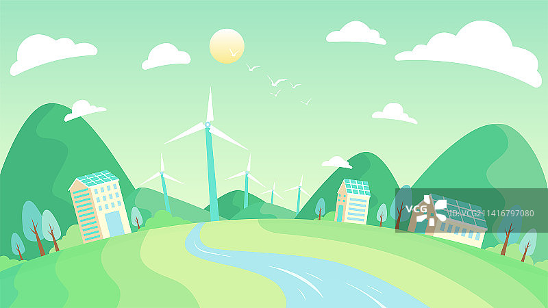 扁平城市绿色新能源矢量插画图片素材