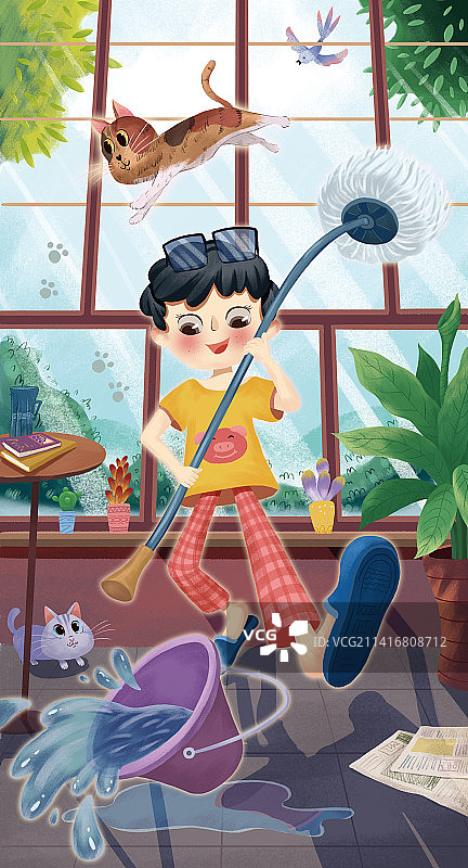 打扫清洁的小男孩插画图片素材