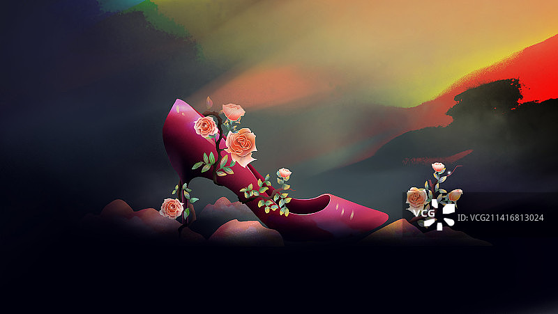 夜晚的高跟鞋与玫瑰花背景图片素材