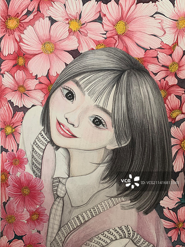 格桑花多女孩清新甜美手绘插画图片素材