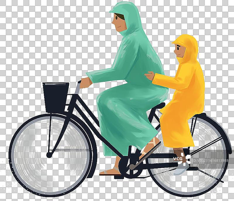 亲子接送上学前放学后骑自行车接送孩子学生骑车雨衣插画图片素材