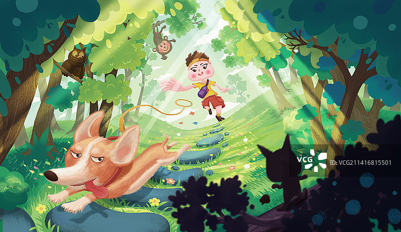 春天踏春遛狗插画图片素材