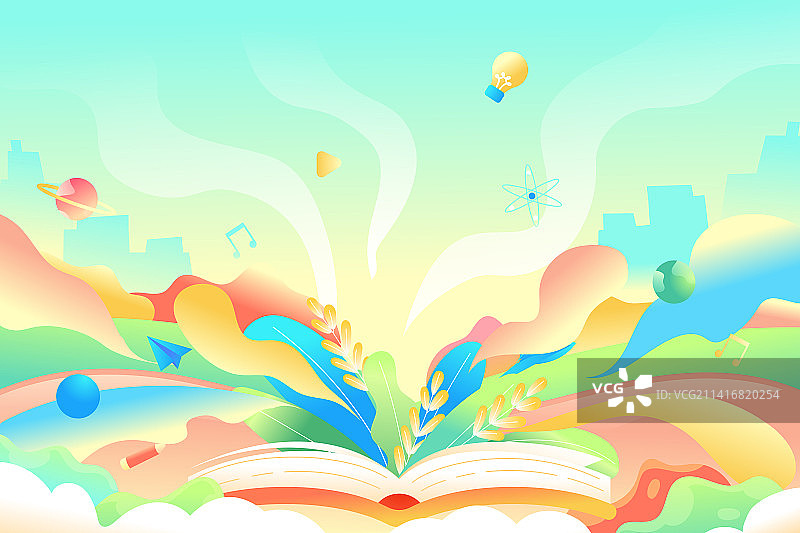 卡通春季踏春运动教育学生新学期开学季读书兴趣爱好辅导培训家庭在线教育网课跑步体育健康渐变矢量插画图片素材