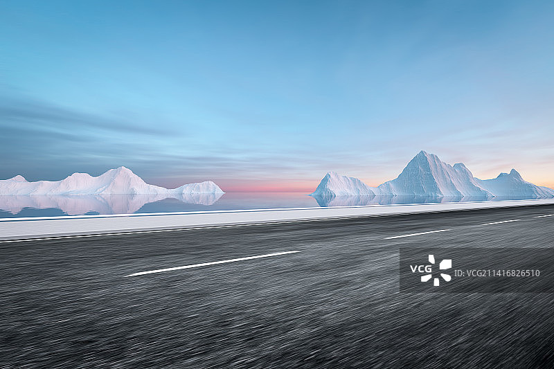 冬季雪山海面与公路路面图片素材