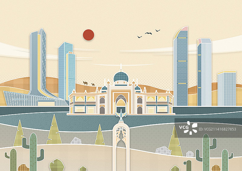 宁夏银川市丝绸之路插画图片素材