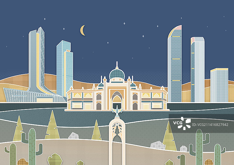 宁夏银川市丝绸之路夜景插画图片素材