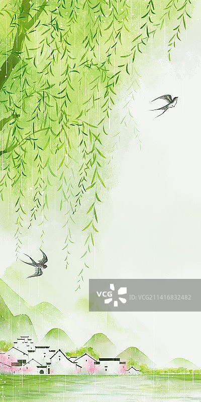 新中式国风烟雨江南朦胧春雨清新插画图片素材