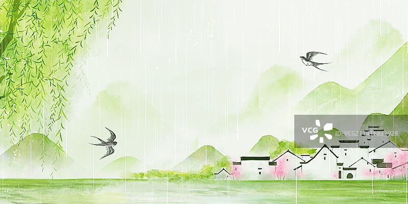 新中式国风春雨朦胧烟雨江南清新插画图片素材