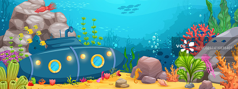 水下景观：沉没在海底的潜艇图片素材