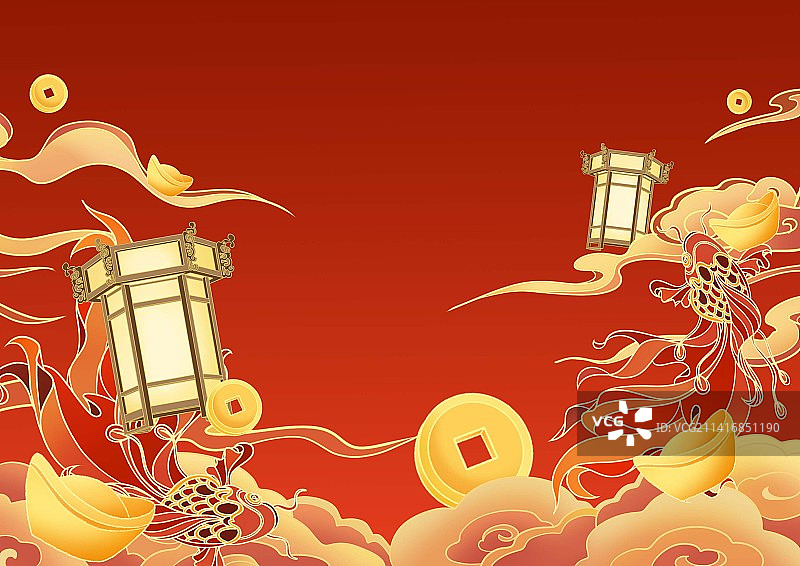 新年春节国风背景插画祥云灯笼图片素材