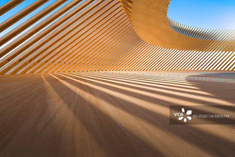 现代木纹建筑空间3D渲染图片素材