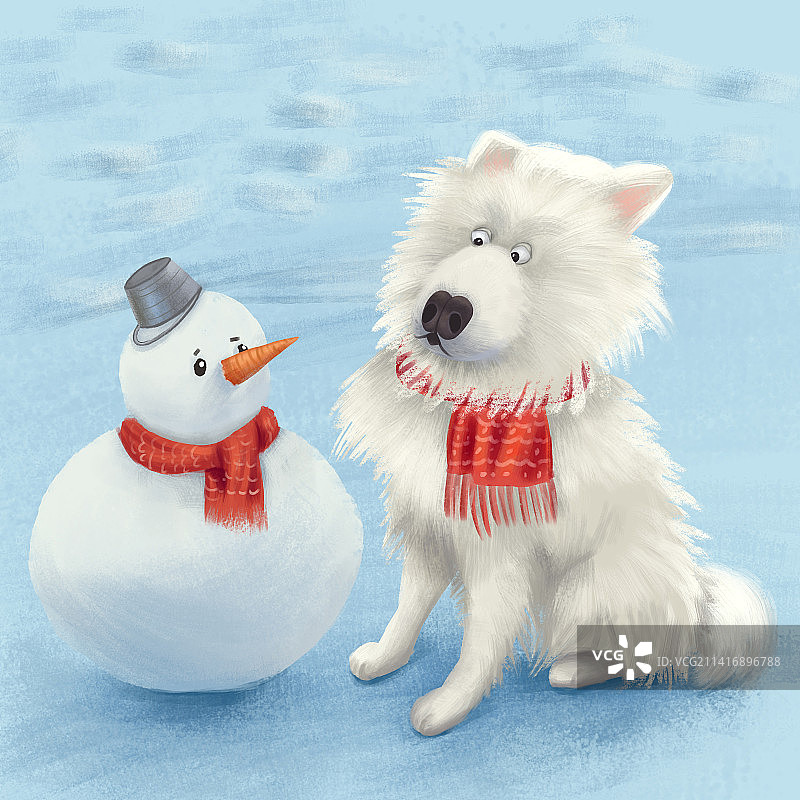 可爱的萨摩耶和雪人对视图片素材