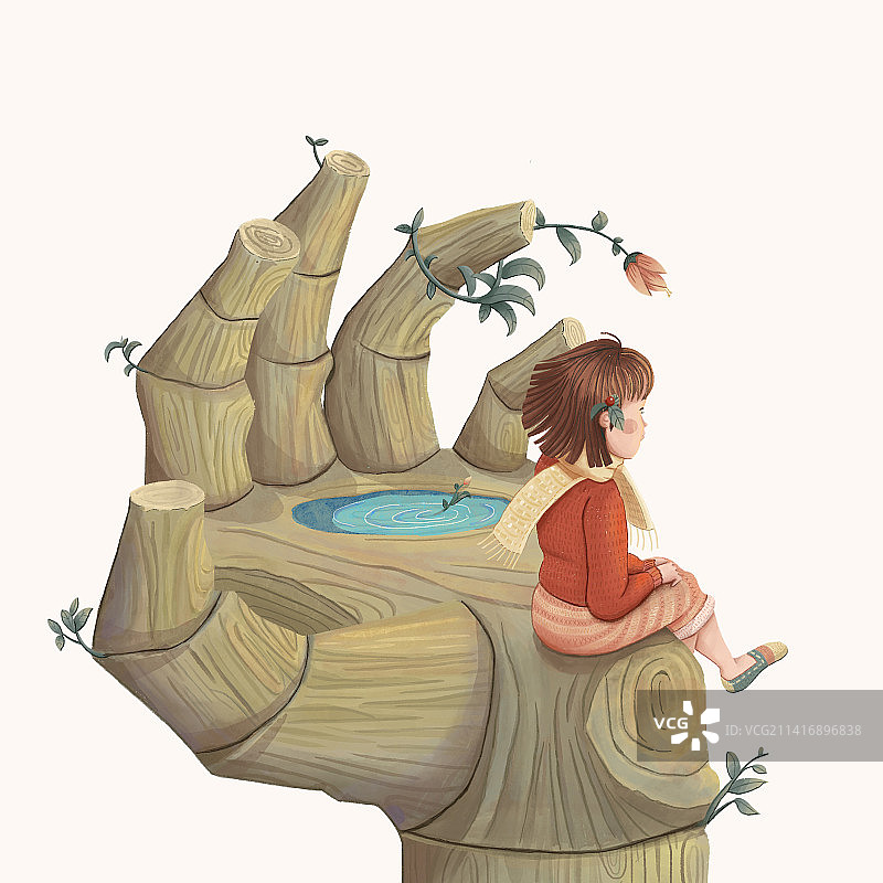 坐在树干上的女孩图片素材