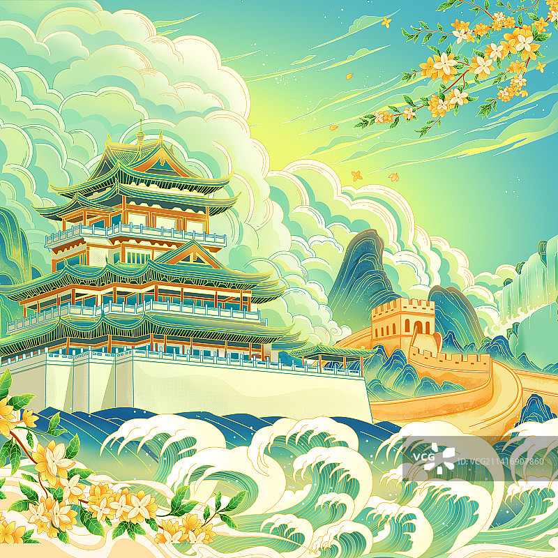 国潮风东辉阁长城插画图片素材