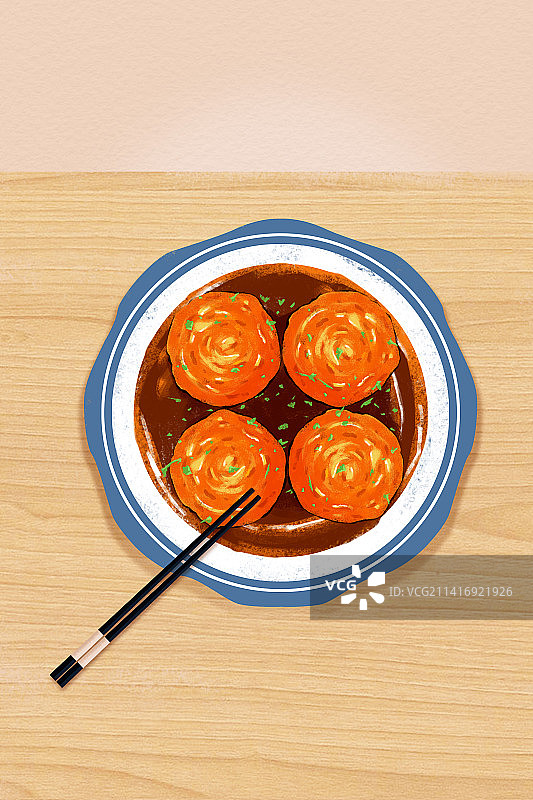 年夜饭家常菜红烧狮子头美食插画海报图片素材