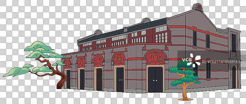 上海历史古建筑老建筑复古怀旧老房子石库门景区风景插画图片素材