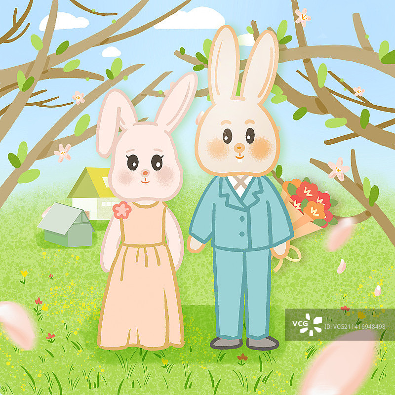 可爱卡通兔子夫妇情人节兔年插画图片素材