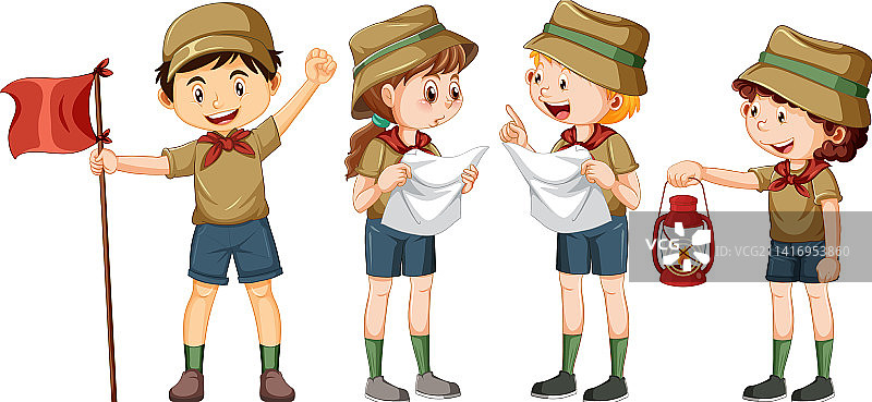 卡通徒步旅行的童子军儿童图片素材