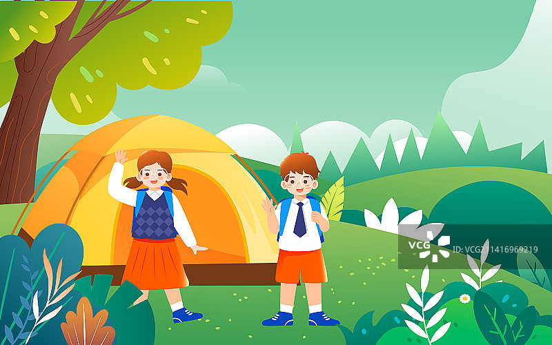 春天人物户外草坪露营春游踏青旅行活动插画图片素材