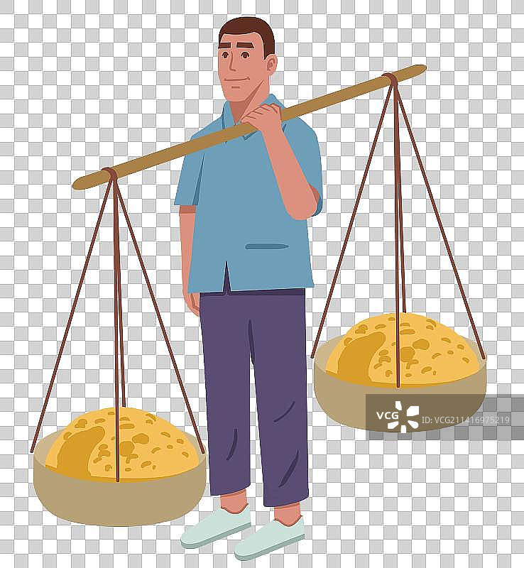 农村农民收货季节扁担挑起货物菜元素插画图片素材