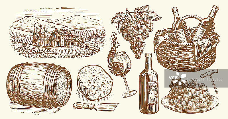 葡萄园木桶葡萄酒瓶和酒杯图片素材