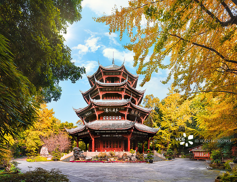 中国四川成都杜甫草堂万佛楼秋季风光图片素材