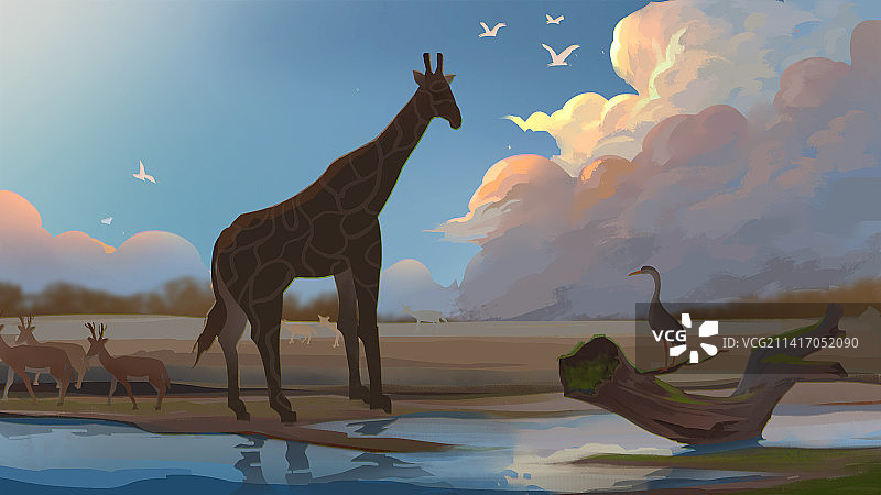 原创插画夕阳下的长颈鹿图片素材