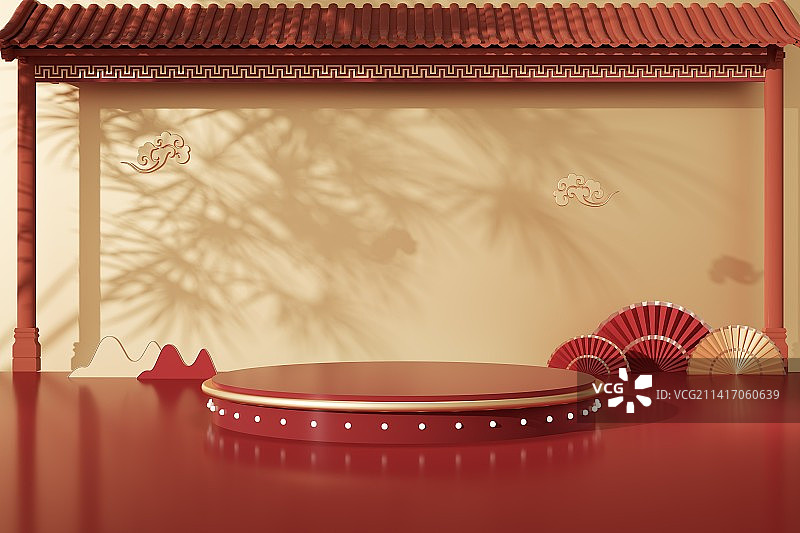 三维渲染中国红色新年电商展示背景图片素材