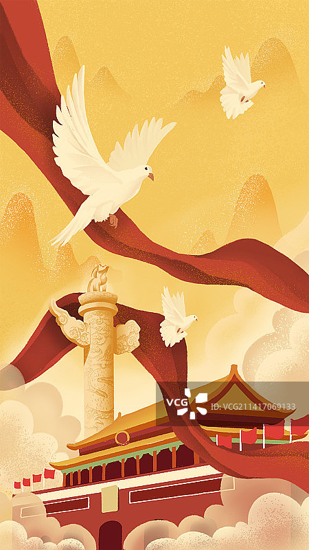 白鸽云朵华表天安门红飘带图片素材