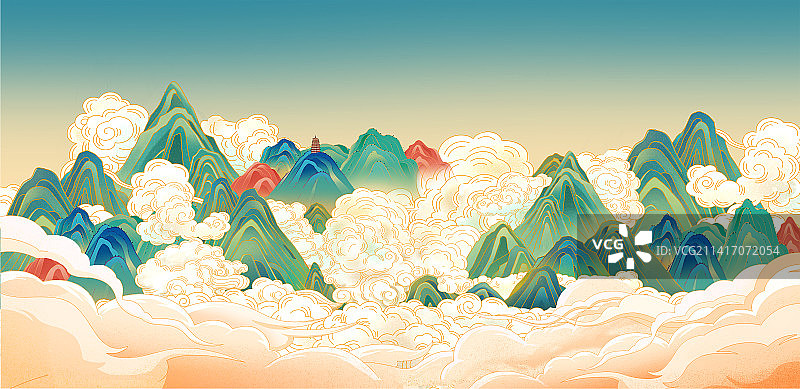 国潮风格中国传统文化建筑山水插画图片素材